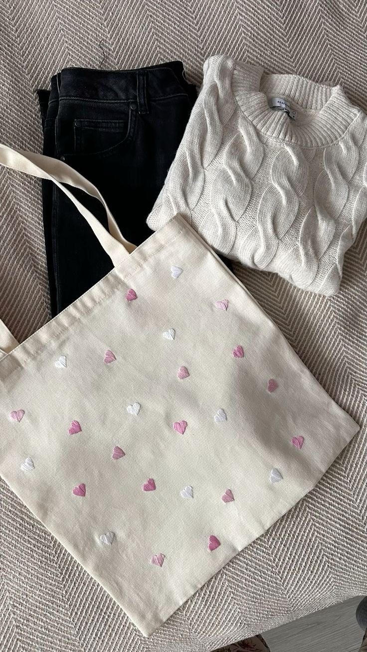 Small hearts tote bag hand embroidered