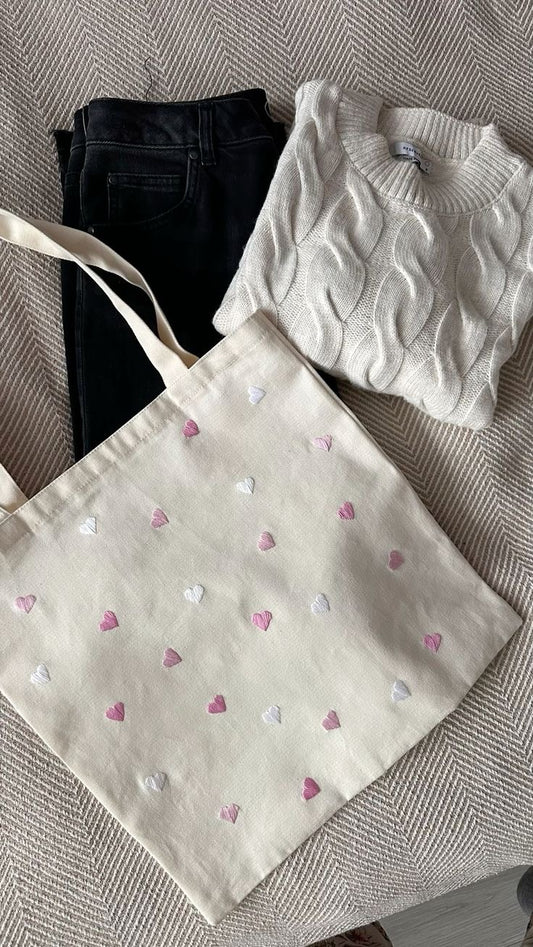 Small hearts tote bag hand embroidered